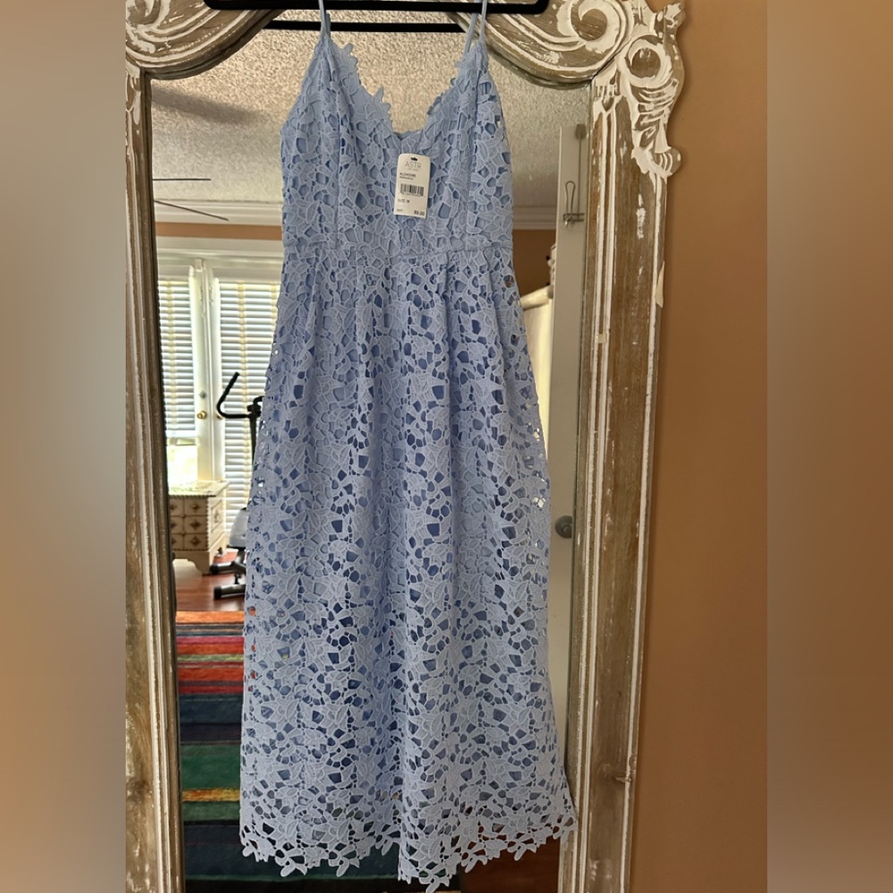 Astr Light Blue Lace Midi Dress